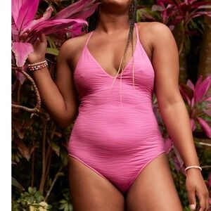 Pink One Piece Swimsuit With Open Back and Beaded‎ Straps